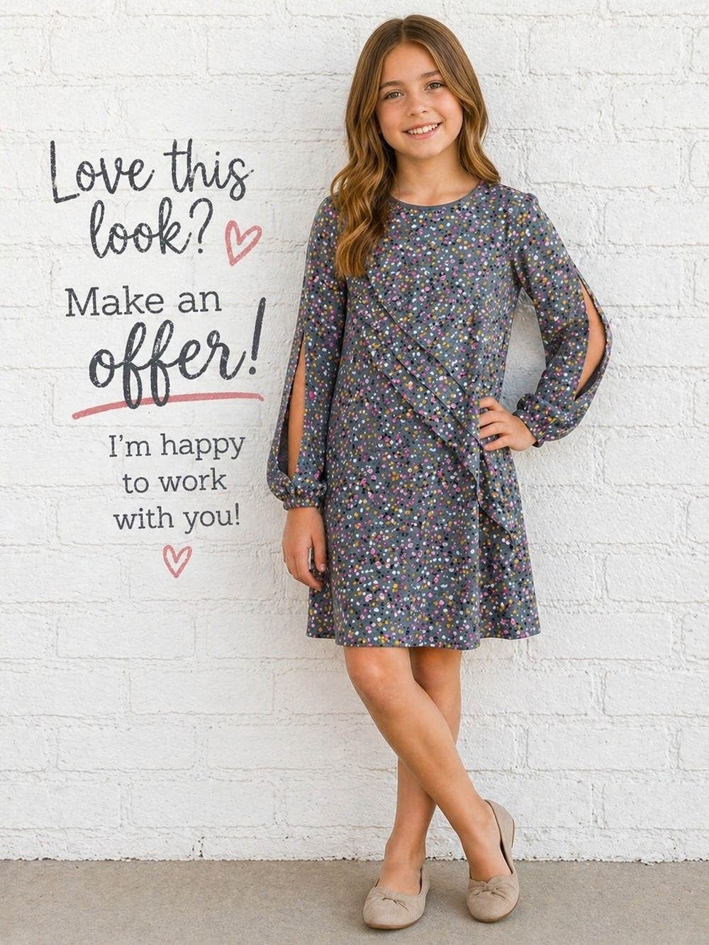 Isobella & Chloe Girls Dress 10 Gray Floral Ruffle Split Sleeve Boutique NWT